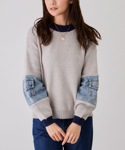Jayro(ジャイロ)の「配色袖デニムプルオーバー(ニット/セーター・レディース・チャコールグレー/グレー/ベージュ・FREE)」の2枚目の写真