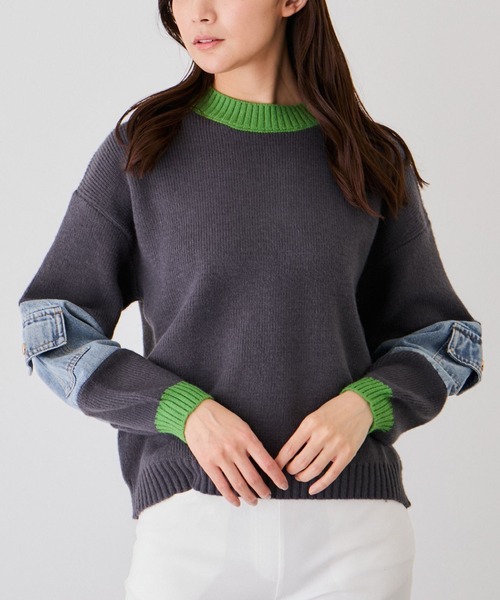 Jayro(ジャイロ)の「配色袖デニムプルオーバー(ニット/セーター・レディース・チャコールグレー/グレー/ベージュ・FREE)」の1枚目の写真