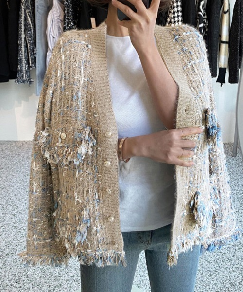 ONEP STAR(ワンピスター)の「フリンジ付きツイード調カーディガン(カーディガン/ボレロ・レディース・グレイッシュベージュ/ブラック・FREE)」の1枚目の写真