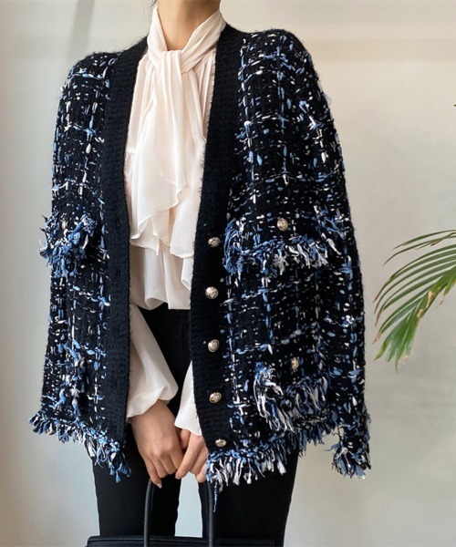 ONEP STAR(ワンピスター)の「フリンジ付きツイード調カーディガン(カーディガン/ボレロ・レディース・グレイッシュベージュ/ブラック・FREE)」の13枚目の写真
