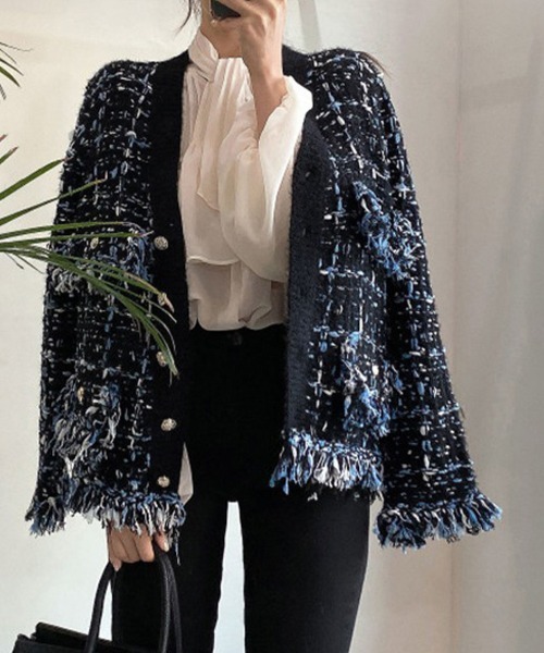 ONEP STAR(ワンピスター)の「フリンジ付きツイード調カーディガン(カーディガン/ボレロ・レディース・グレイッシュベージュ/ブラック・FREE)」の14枚目の写真