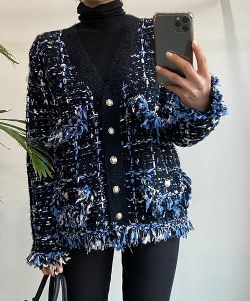 ONEP STAR(ワンピスター)の「フリンジ付きツイード調カーディガン(カーディガン/ボレロ・レディース・グレイッシュベージュ/ブラック・FREE)」の15枚目の写真