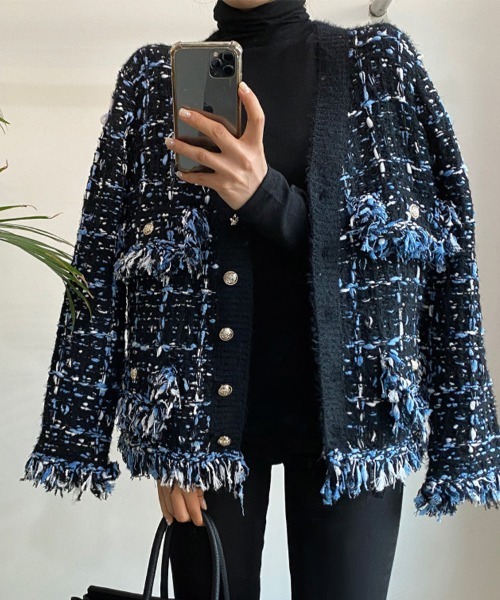 ONEP STAR(ワンピスター)の「フリンジ付きツイード調カーディガン(カーディガン/ボレロ・レディース・グレイッシュベージュ/ブラック・FREE)」の7枚目の写真