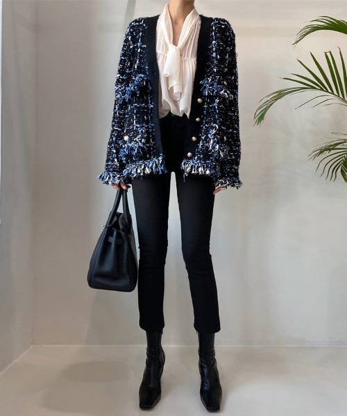 ONEP STAR(ワンピスター)の「フリンジ付きツイード調カーディガン(カーディガン/ボレロ・レディース・グレイッシュベージュ/ブラック・FREE)」の9枚目の写真