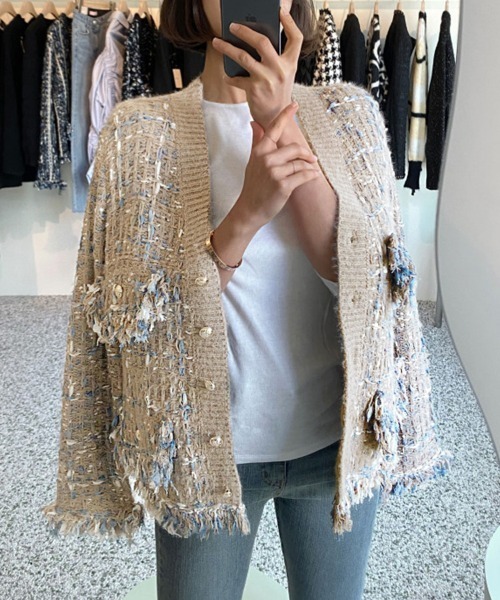 ONEP STAR(ワンピスター)の「フリンジ付きツイード調カーディガン(カーディガン/ボレロ・レディース・グレイッシュベージュ/ブラック・FREE)」の10枚目の写真