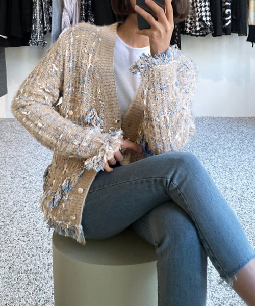 ONEP STAR(ワンピスター)の「フリンジ付きツイード調カーディガン(カーディガン/ボレロ・レディース・グレイッシュベージュ/ブラック・FREE)」の12枚目の写真