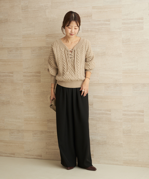 セール】2WAY レースアップ アランプルオーバー（ニット/セーター