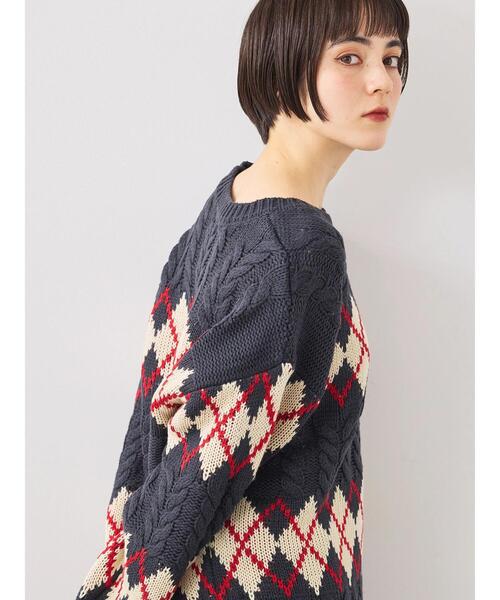 SM2（エスエムツー）の「ケーブルアーガイル柄ニット（ニット/セーター・レディース・ネイビー/オフホワイト/グリーン/レッド・F）」の4枚目の写真