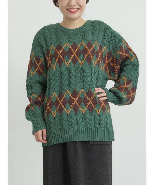 SM2（エスエムツー）の「ケーブルアーガイル柄ニット（ニット/セーター・レディース・ネイビー/オフホワイト/グリーン/レッド・F）」の3枚目の写真