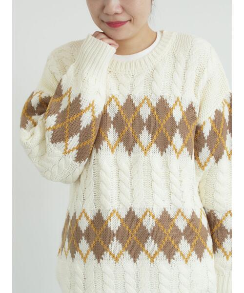 SM2（エスエムツー）の「ケーブルアーガイル柄ニット（ニット/セーター・レディース・ネイビー/オフホワイト/グリーン/レッド・F）」の9枚目の写真