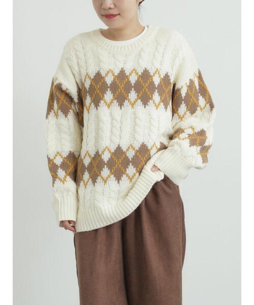 SM2（エスエムツー）の「ケーブルアーガイル柄ニット（ニット/セーター・レディース・ネイビー/オフホワイト/グリーン/レッド・F）」の10枚目の写真