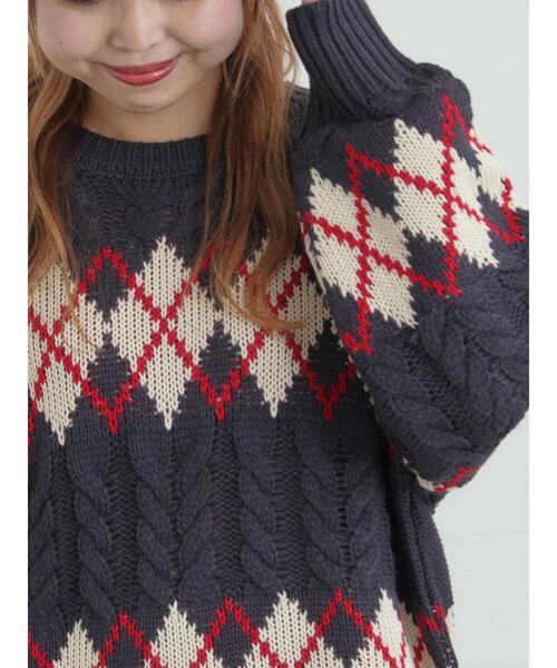 SM2（エスエムツー）の「ケーブルアーガイル柄ニット（ニット/セーター・レディース・ネイビー/オフホワイト/グリーン/レッド・F）」の14枚目の写真