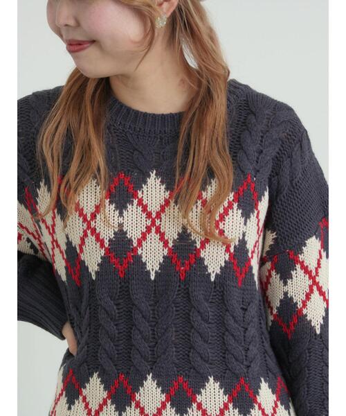 SM2（エスエムツー）の「ケーブルアーガイル柄ニット（ニット/セーター・レディース・ネイビー/オフホワイト/グリーン/レッド・F）」の15枚目の写真