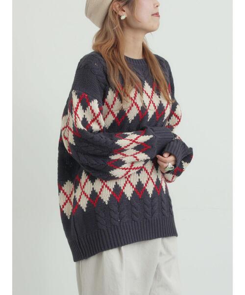 SM2（エスエムツー）の「ケーブルアーガイル柄ニット（ニット/セーター・レディース・ネイビー/オフホワイト/グリーン/レッド・F）」の16枚目の写真