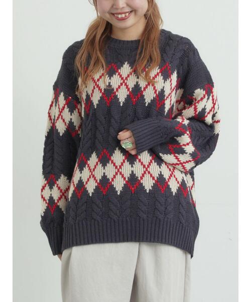 SM2（エスエムツー）の「ケーブルアーガイル柄ニット（ニット/セーター・レディース・ネイビー/オフホワイト/グリーン/レッド・F）」の17枚目の写真