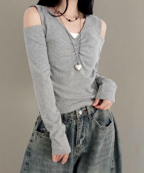 LADY LIKE(レディライク)の「【春夏新作】ショルダーリボン肩見せトップス(Tシャツ/カットソー・レディース・グレー・M)」の6枚目の写真