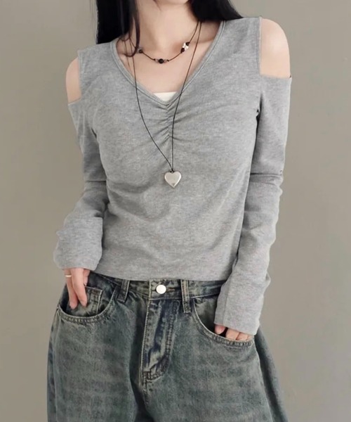 LADY LIKE(レディライク)の「【春夏新作】ショルダーリボン肩見せトップス(Tシャツ/カットソー・レディース・グレー・M)」の7枚目の写真