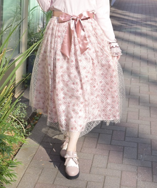 axes femme（アクシーズファム）の「花レース×ラメチュールスカート（スカート・レディース・オレンジ/ピンク/グリーン・FREE）」の3枚目の写真