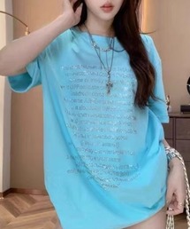 【26年春夏新作】ラインストーンレタリングヘビーウェイトロングTシャツ ワンピ 半袖