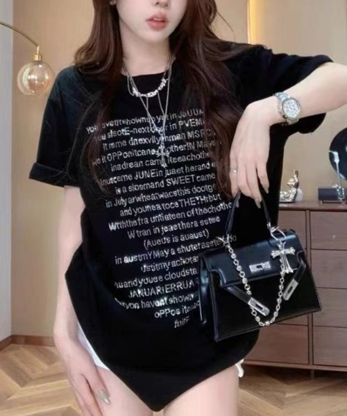 SHEPP(シープ)の「【26年春夏新作】ラインストーンレタリングヘビーウェイトロングTシャツ ワンピ 半袖(Tシャツ/カットソー・レディース・ブラック/ホワイト/ブルー・L/M)」の1枚目の写真