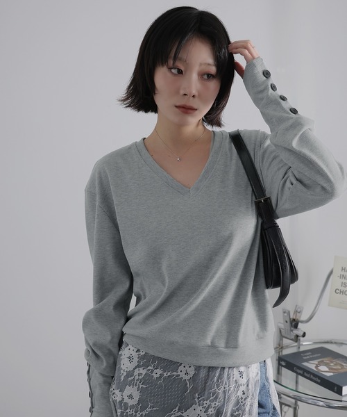 Ulysses(ユリシス)の「ロングリブスリーブVネックトップス(Tシャツ/カットソー・レディース・ネイビー/グレー・F)」の16枚目の写真