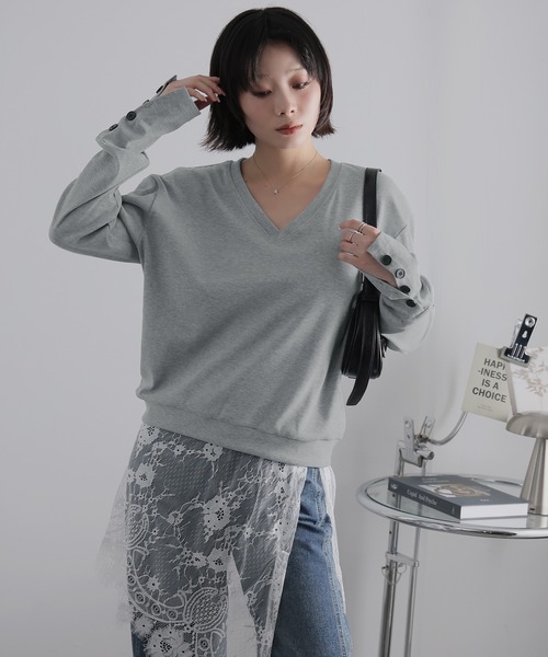 Ulysses(ユリシス)の「ロングリブスリーブVネックトップス(Tシャツ/カットソー・レディース・ネイビー/グレー・F)」の17枚目の写真