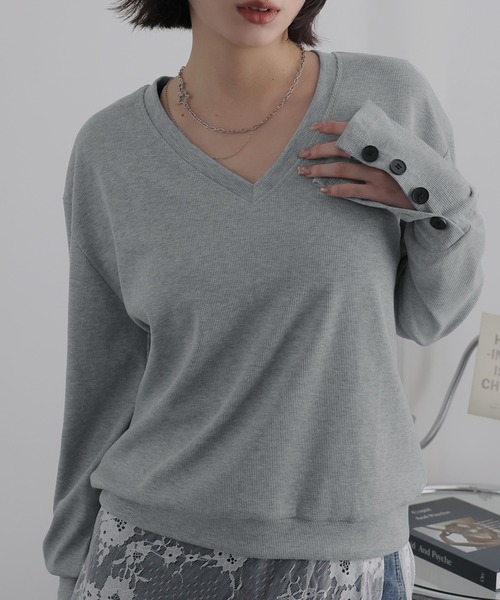 Ulysses(ユリシス)の「ロングリブスリーブVネックトップス(Tシャツ/カットソー・レディース・ネイビー/グレー・F)」の13枚目の写真