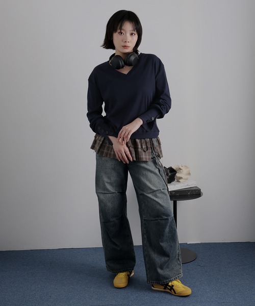 Ulysses(ユリシス)の「ロングリブスリーブVネックトップス(Tシャツ/カットソー・レディース・ネイビー/グレー・F)」の21枚目の写真