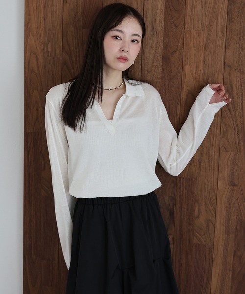 J by blue(ジェイバイブルー)の「スキッパーシアーニット(ニット/セーター・レディース・ネイビー/ブルー/ホワイト・MEDIUM)」の1枚目の写真