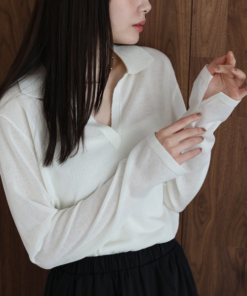 J by blue(ジェイバイブルー)の「スキッパーシアーニット(ニット/セーター・レディース・ネイビー/ブルー/ホワイト・MEDIUM)」の4枚目の写真