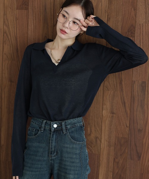 J by blue(ジェイバイブルー)の「スキッパーシアーニット(ニット/セーター・レディース・ネイビー/ブルー/ホワイト・MEDIUM)」の14枚目の写真