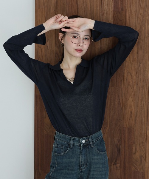 J by blue(ジェイバイブルー)の「スキッパーシアーニット(ニット/セーター・レディース・ネイビー/ブルー/ホワイト・MEDIUM)」の15枚目の写真