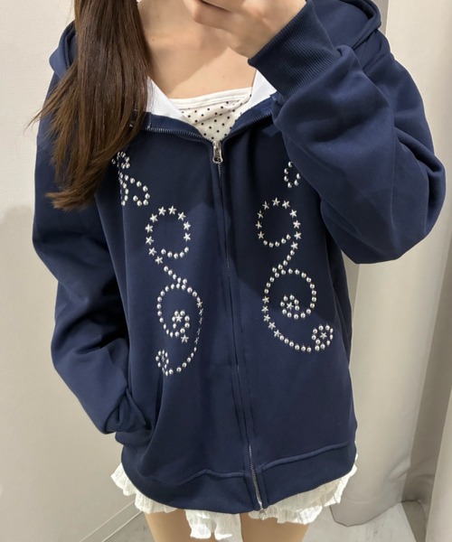 Birthday room(バースデイルーム)の「スタッズ付きダブルジップパーカー/Studded double-zip hoodie(パーカー・レディース・ネイビー・FREE)」の3枚目の写真