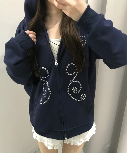 Birthday room(バースデイルーム)の「スタッズ付きダブルジップパーカー/Studded double-zip hoodie(パーカー・レディース・ネイビー・FREE)」の8枚目の写真