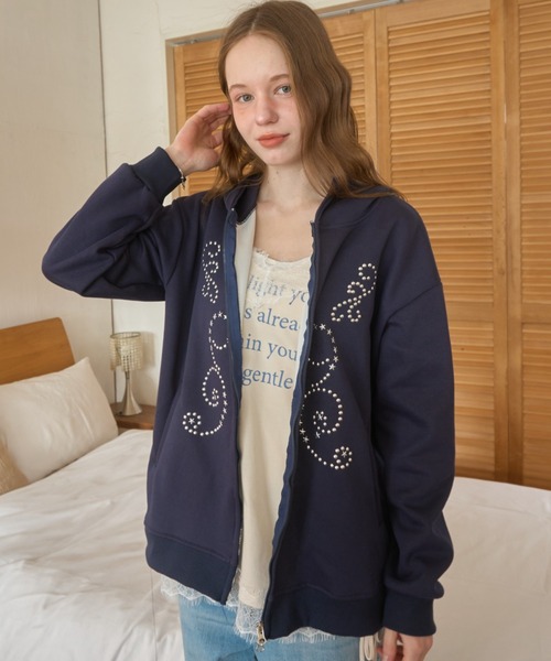 Birthday room(バースデイルーム)の「スタッズ付きダブルジップパーカー/Studded double-zip hoodie(パーカー・レディース・ネイビー・FREE)」の11枚目の写真