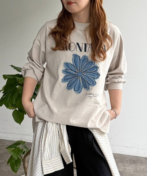 CPCM(シーピーシーエム)の「センハナ刺繍ワッペンロンT(Tシャツ/カットソー・レディース・ネイビー/グリーン系その他/オフホワイト/チャコールグレー/ピンク/グレイッシュベージュ・FREE)」の5枚目の写真