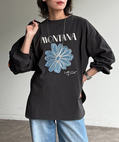 CPCM(シーピーシーエム)の「センハナ刺繍ワッペンロンT(Tシャツ/カットソー・レディース・ネイビー/グリーン系その他/オフホワイト/チャコールグレー/ピンク/グレイッシュベージュ・FREE)」の4枚目の写真