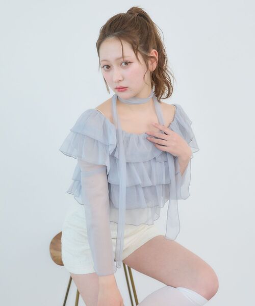 MAJESTIC LEGON（マジェスティックレゴン）の「チョーカーセットチュールフリルトップス（Tシャツ/カットソー・レディース・ブラック/アイボリー/ピンクベージュ/グレー・MEDIUM）」の3枚目の写真