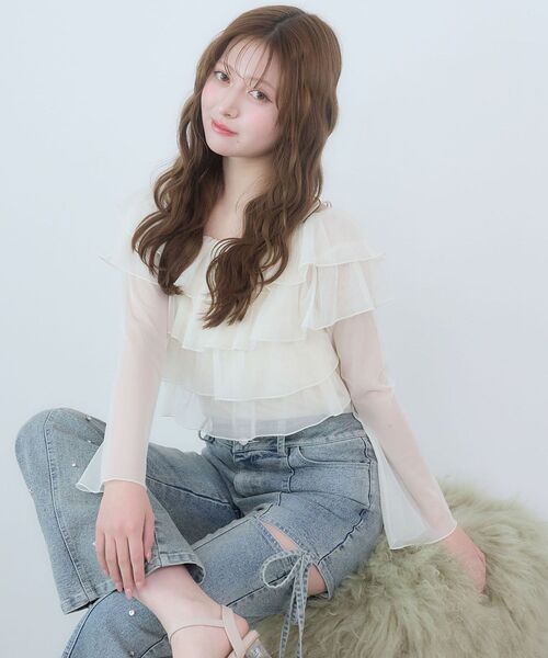 MAJESTIC LEGON（マジェスティックレゴン）の「チョーカーセットチュールフリルトップス（Tシャツ/カットソー・レディース・ブラック/アイボリー/ピンクベージュ/グレー・MEDIUM）」の5枚目の写真