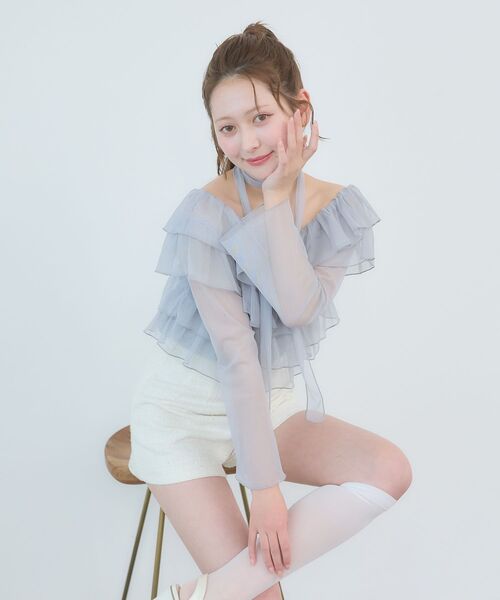 MAJESTIC LEGON（マジェスティックレゴン）の「チョーカーセットチュールフリルトップス（Tシャツ/カットソー・レディース・ブラック/アイボリー/ピンクベージュ/グレー・MEDIUM）」の19枚目の写真