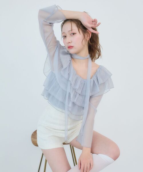 MAJESTIC LEGON（マジェスティックレゴン）の「チョーカーセットチュールフリルトップス（Tシャツ/カットソー・レディース・ブラック/アイボリー/ピンクベージュ/グレー・MEDIUM）」の18枚目の写真