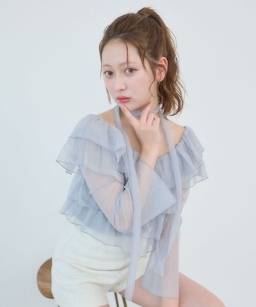 MAJESTIC LEGON（マジェスティックレゴン）の「チョーカーセットチュールフリルトップス（Tシャツ/カットソー・レディース・ブラック/アイボリー/ピンクベージュ/グレー・MEDIUM）」の16枚目の写真