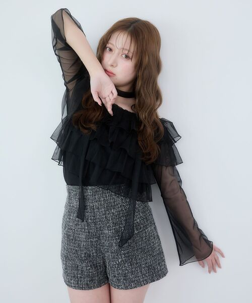 MAJESTIC LEGON（マジェスティックレゴン）の「チョーカーセットチュールフリルトップス（Tシャツ/カットソー・レディース・ブラック/アイボリー/ピンクベージュ/グレー・MEDIUM）」の12枚目の写真