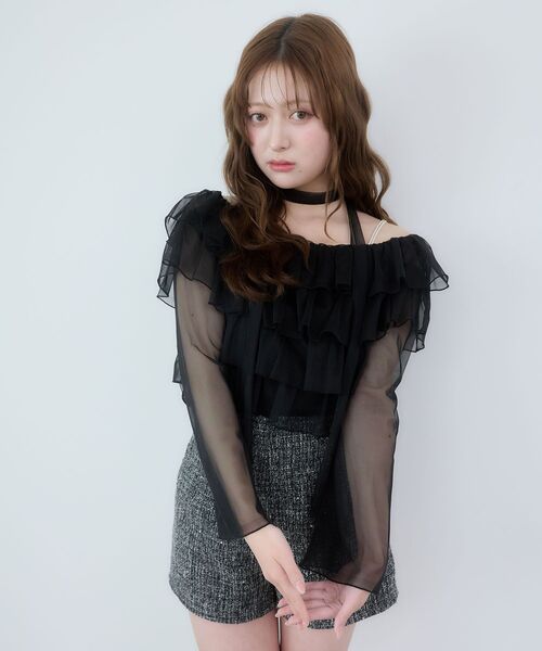 MAJESTIC LEGON（マジェスティックレゴン）の「チョーカーセットチュールフリルトップス（Tシャツ/カットソー・レディース・ブラック/アイボリー/ピンクベージュ/グレー・MEDIUM）」の9枚目の写真