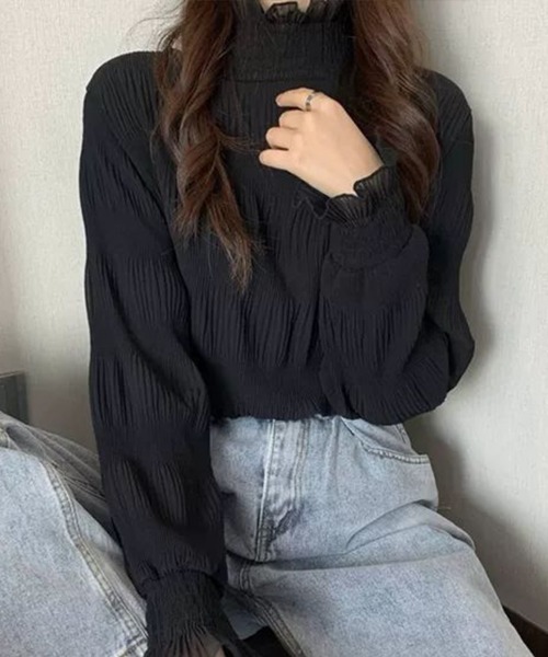 mielu（ミエル）の「フリルハイネックトップス（Tシャツ/カットソー・レディース・ブラック/ホワイト・MEDIUM/LARGE）」の3枚目の写真