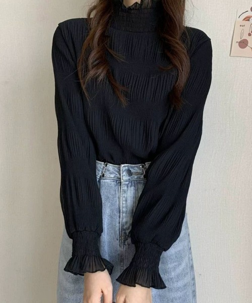 mielu（ミエル）の「フリルハイネックトップス（Tシャツ/カットソー・レディース・ブラック/ホワイト・MEDIUM/LARGE）」の4枚目の写真