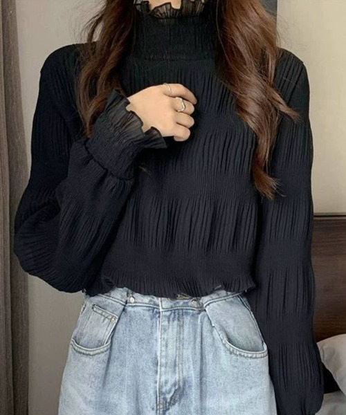 mielu（ミエル）の「フリルハイネックトップス（Tシャツ/カットソー・レディース・ブラック/ホワイト・MEDIUM/LARGE）」の5枚目の写真