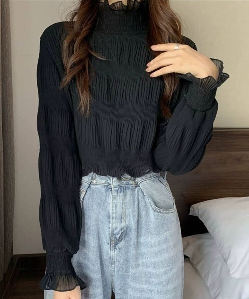 mielu（ミエル）の「フリルハイネックトップス（Tシャツ/カットソー・レディース・ブラック/ホワイト・MEDIUM/LARGE）」の6枚目の写真