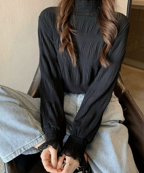 mielu（ミエル）の「フリルハイネックトップス（Tシャツ/カットソー・レディース・ブラック/ホワイト・MEDIUM/LARGE）」の7枚目の写真