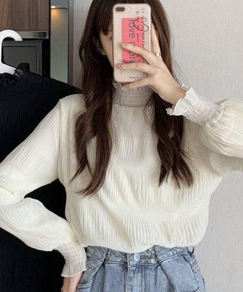 mielu（ミエル）の「フリルハイネックトップス（Tシャツ/カットソー・レディース・ブラック/ホワイト・MEDIUM/LARGE）」の9枚目の写真